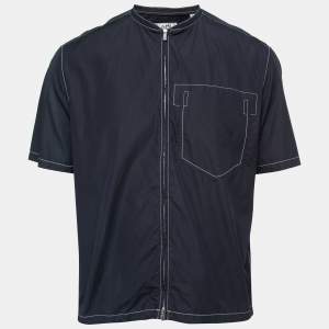 Hermes Dark Blue Cotton Zip Front Short Sleeve Shirt L