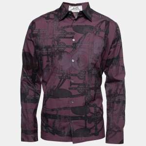 Hermes Dark Purple Printed Cotton Button Front Shirt L