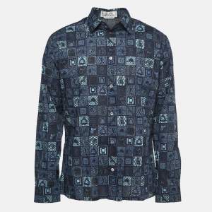 Hermes Blue Printed Cotton Button Front Shirt L