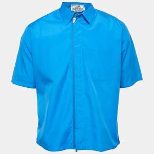 Hermes Blue Cotton Zip-Up Short Sleeve Shirt L
