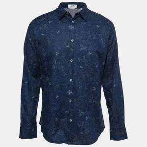 Hermes Navy Blue Dragon Patterned Cotton Button Front Shirt L