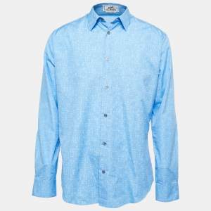 Hermes Light Blue Geometric Patterned Cotton Button Front Shirt L
