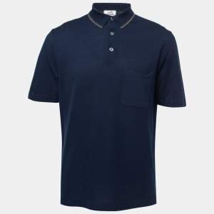 Hermes Navy Blue Cotton Pique Logo Embroidered Polo T-Shirt L