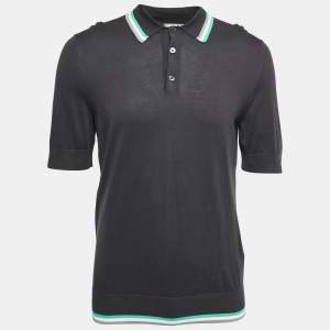 Hermes Grey Cotton Knit Stripe Detail Polo T-Shirt L