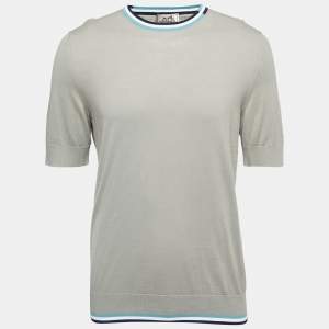 Hermes Grey Cotton Knit Stripe Detail Round Neck T-Shirt L