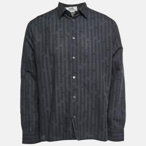 Hermes Blue Printed Linen Blend Full Sleeve Shirt XL