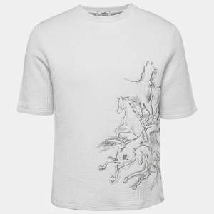 Hermes White Cavalcade Jacquard Cotton Rib Knit Crew Neck T-Shirt L