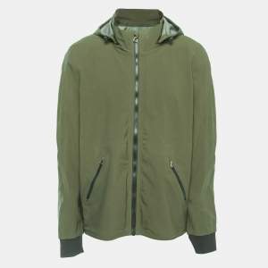 Hermes Military Green Nylon Zip Front Hooded Jacket L