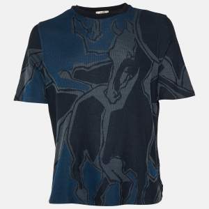 Hermes Navy Blue Intarsia Knit Round Neck Short Sleeve T-Shirt L