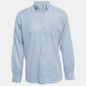 Hermes Blue Checked Cotton Button Down Full Sleeve Shirt L 