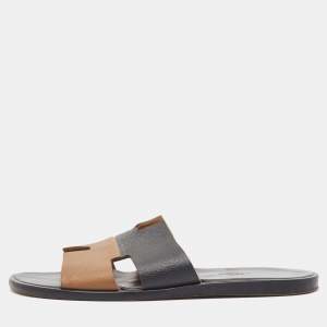 Hermes Brown/Black Leather Izmir Flat Slides Size 43