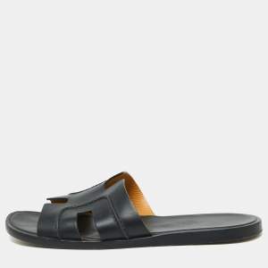 Hermes Black Leather Pique Izmir Flat Slides Size 42.5