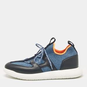 Hermes Blue/Black Knit Fabric and Leather Duel Sneakers Size 43