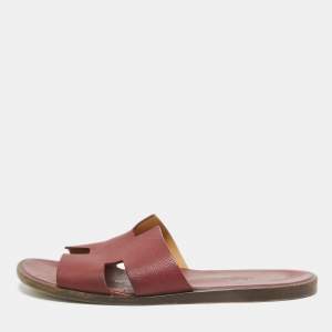 Hermes Burgundy Leather Izmir Slides Size 44.5