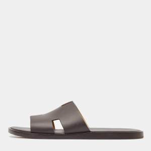 Hermes Dark Brown Leather Izmir Flat Slides Size 42