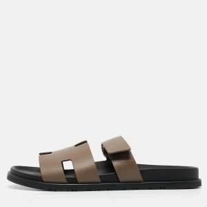 Hermes Olive Green Leather Chypre Flat Sandals Size 46