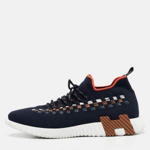 Hermes Navy Blue Knit Fabric Flex Lace Up Sneakers Size 45