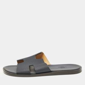Hermes Navy Blue Leather Izmir Flat Slides Size 43.5