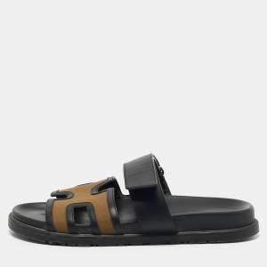 Hermes Brown/Black Canvas and Leather Chypre Sandals Size 41.5