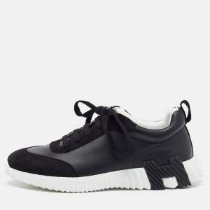 Hermes Black Leather and Suede Bouncing Low Top Sneakers Size 40.5