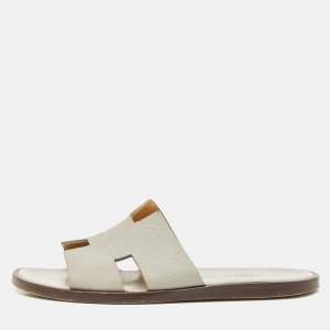 Hermes Grey Leather Izmir Flat Slides Size 41