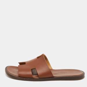 Hermes Brown Leather Izmir Flat Sandals Size 40.5