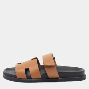 Hermes Brown Leather Chypre Flat Sandals Size 42.5