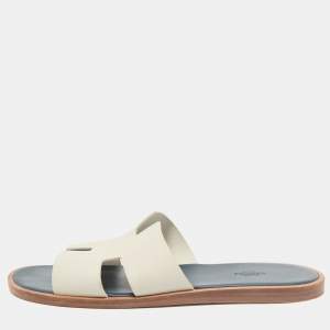 Hermes White/Blue Leather Izmir Flat Sandals Size 46
