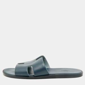 Hermes Navy Blue Leather Izmir Flat Slide Sandals Size 46