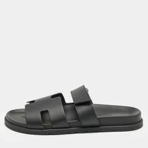 Hermes Black Leather Chypre Sandals Size 45.5
