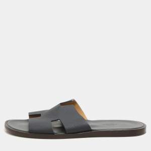Hermes Navy Blue Leather Izmir Slides Size 44
