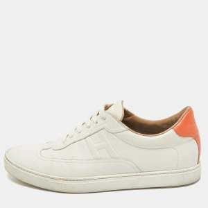 Hermes White/Orange Leather Quicker Low-Top Sneakers Size 41.5