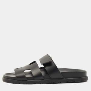 Hermes Black Leather Chypre Sandals Size 37