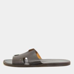 Hermes Dark Brown Leather Izmir Flat Slides Size 44