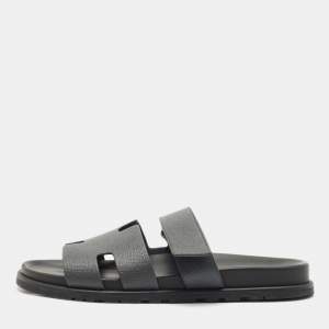 Hermes Grey Leather Chypre Flat Sandals Size 43.5