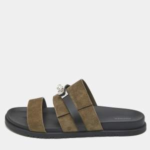 Hermes Dark Green/Black Suede and Leather Jackson Sandals Size 46