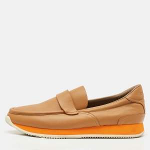 Pre Owned Hermes Brown Leather Slip On Loafers Size 41.5