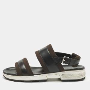 Hermes Black/Brown Leather and Neoprene Flat Sandals Size 43