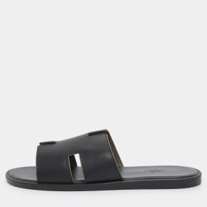 Pre Owned Hermés Black Leather Izmir Flat Slides Size 43