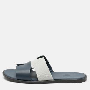 Pre Owned Hermes Navy Blue/White Leather and Canvas Izmir Flat Slides Size 44