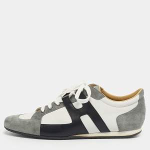 Hermes Grey/White Leather and Suede Tie Break Lace Up Sneakers Size 45.5