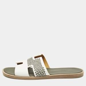 Pre Owned Hermes White/Brown Leather Izmir Flat Slides Size 42