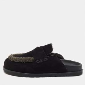 Pre Owned Hermès Black/Grey Suede and Shearling Fur Go Mules Size 41