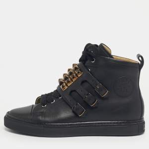 Hermes Black Leather Studded Lennox High Top Sneakers Size 40