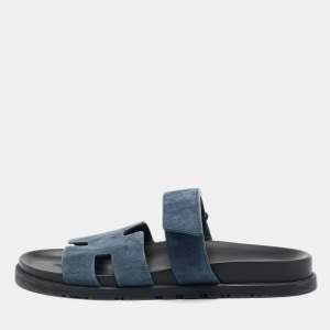 Pre Owned Hermes Dark Blue Suede Chypre Sandals Size 41.5