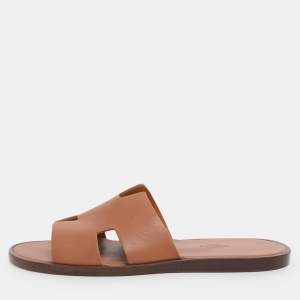 Pre Owned Hermes Brown Leather Izmir Slides Size 43