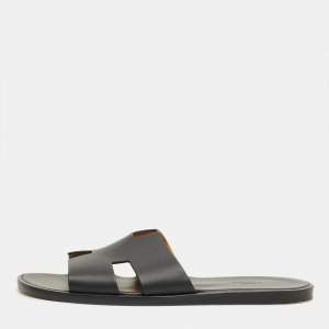 مملوكة مسبقًا Hermes Black Leather Izmir Flat Slide Sandals Size 46