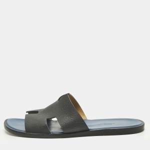 Pre Owned Hermes Navy Blue Leather Izmir Flat Slide Size 43.5