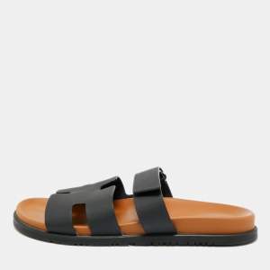 Pre Owned Hermes Black Leather Chypre Flat Slide Size 45