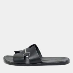 Pre Owned Hermes Black Printed Leather Izmir Flat Slides Size 43